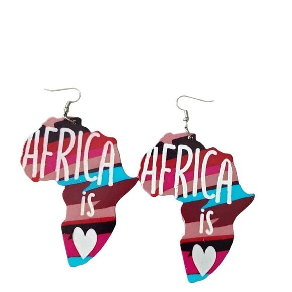 Womens Africa is Love Painted African American Wooden Round Retro Hook Earrings - Picture 2 of 3